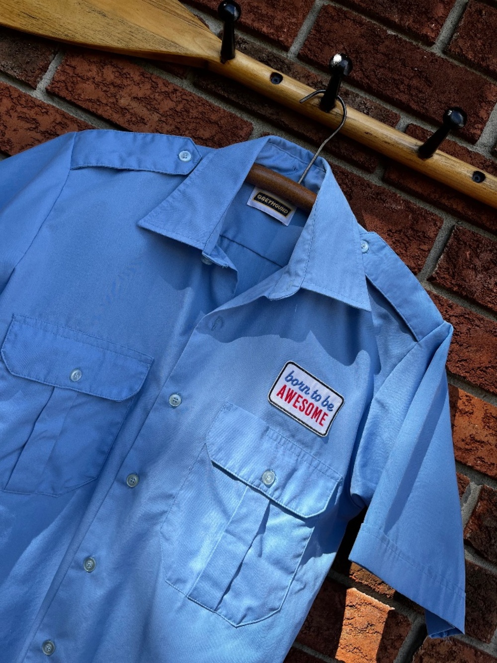 Vintage Blue Born To Be Awesome Button Up Cropped Uniform Shirt